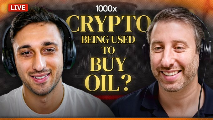 Two men wearing headsets smile in a YouTube thumbnail featuring the text '1000x CRYPTO BEING USED TO BUY OIL?'