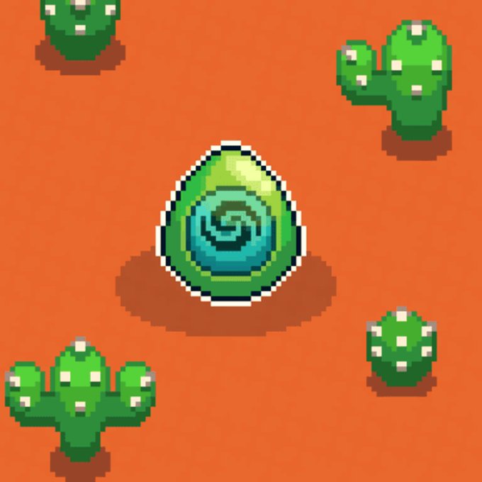 A pixel art illustration on an orange background featuring a central green and blue swirl-patterned egg-like item surrounded by four green cacti.