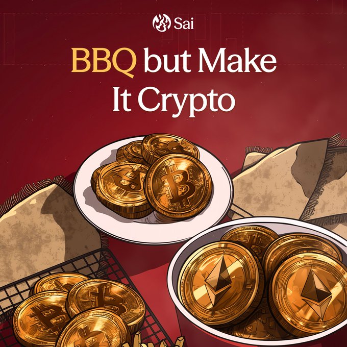 A promotional graphic for 'Sai' titled 'BBQ but Make It Crypto,' showing plates of gold Bitcoin and Ethereum coins styled as grilled food.