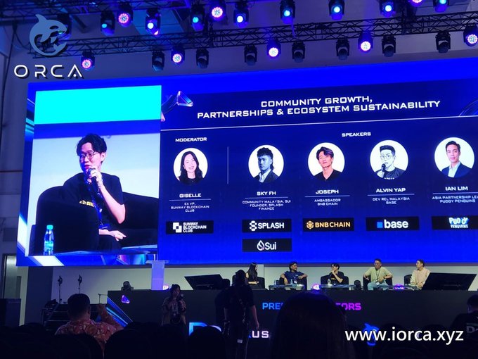The image shows a panel discussion at @UltraWeb3Fest with ORCA, featuring speakers Giselle, Sky FH, Joseph, Alvin Yap, and Ian Lim discussing "Community Growth, Partnerships & Ecosystem Sustainability." This aligns with the post's mention of ORCA participating in a panel at Ultra Web3 Fest.