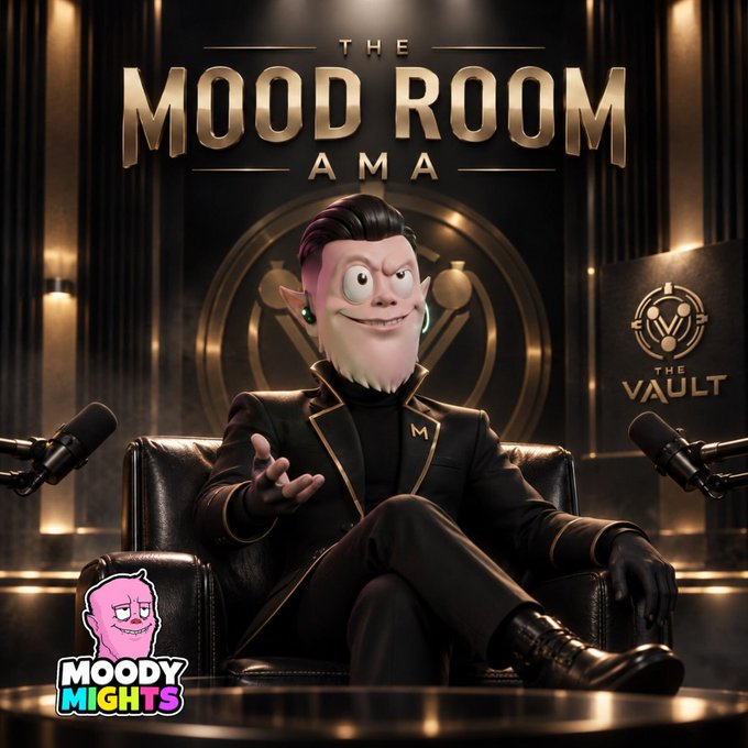 Promotional graphic for "THE MOOD ROOM AMA" featuring a stylized villain-like cartoon character seated in a leather armchair against a dark, gold-accented backdrop with "THE VAULT" signage, promoting the Moody Mightts crypto community's AMA session scheduled for 17:30 UTC on Discord Stage.