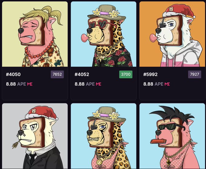 The image features six different cartoon animal characters wearing hats and sunglasses, each with unique facial expressions. The animals are dressed up as humans, giving them a human-like appearance. They are arranged in two rows of three, with each row having one character on top and one character at the bottom. The background is black, providing a contrast to the colorful characters. The image also includes text that reads "Today is Boggy NFTs 1 year anniversary on @ApeChainHUB @apecoin Free NFT mint for the space to bring more awareness to $APE Today I just swept 30 more to give to loyal holders who have supported me!".