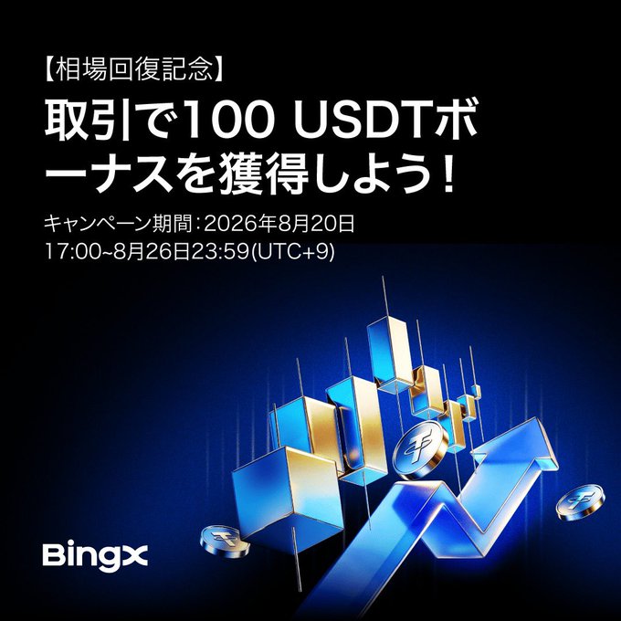 A BingX promotional banner in Japanese advertises a "Market Recovery Commemorative" campaign offering 100 USDT bonuses for trading, running August 20, 17:00 to August 26, 23:59 (UTC+9), featuring blue and gold 3D cubes with an upward arrow and USDT coin graphics against a dark background.