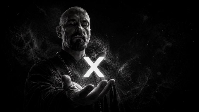 A high-contrast black and white image of a bald, bearded man in dark robes with his eyes closed, extending his hand outward to display a glowing white 'X' symbol.