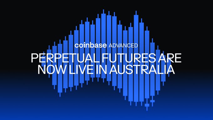 Coinbase Advanced announces that perpetual futures are now live in Australia, featuring a blue audio waveform-style graphic against a dark background with the headline "PERPETUAL FUTURES ARE NOW LIVE IN AUSTRALIA." The visual design reinforces the announcement of expanded crypto derivatives trading access for Australian wholesale customers.