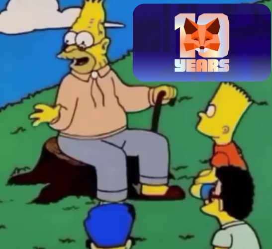 A scene from The Simpsons featuring Homer and Bart, with a '10 YEARS' MetaMask anniversary logo overlay in the top right corner.
