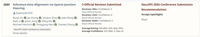 A screenshot of a NeurIPS 2026 Conference Submission page for paper 3089 'Inference-time Alignment via Sparse Junction Steering' by Runyi Hu et al., showing an Accept (spotlight) recommendation.