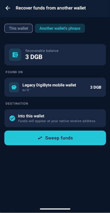 A wallet app screen titled 'Recover funds from another wallet' showing a recoverable balance of 3 DGB from a Legacy DigiByte mobile wallet, with a 'Sweep funds' button.