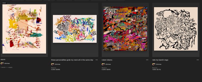 A gallery view displaying four digital artworks titled "stonn," "these personalities grab my neck all in the same day," "ruken tokenn," and "rate my band's logo," all by artist "ttiimmee," with the post promoting the artist's collection page on SuperRare.
