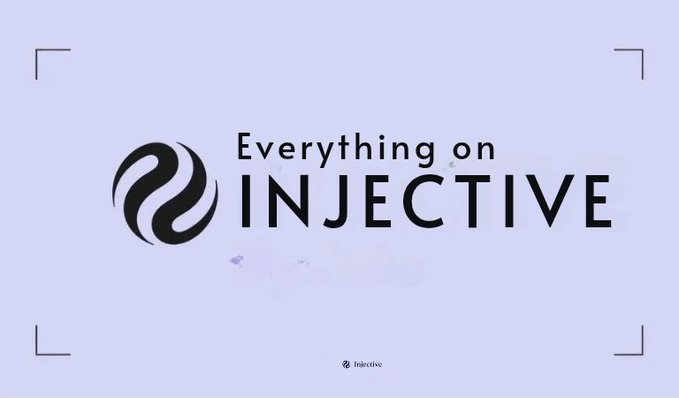 A minimalist purple/lavender graphic with the 'Injective' logo and text reading 'Everything on INJECTIVE' framed by corner brackets.