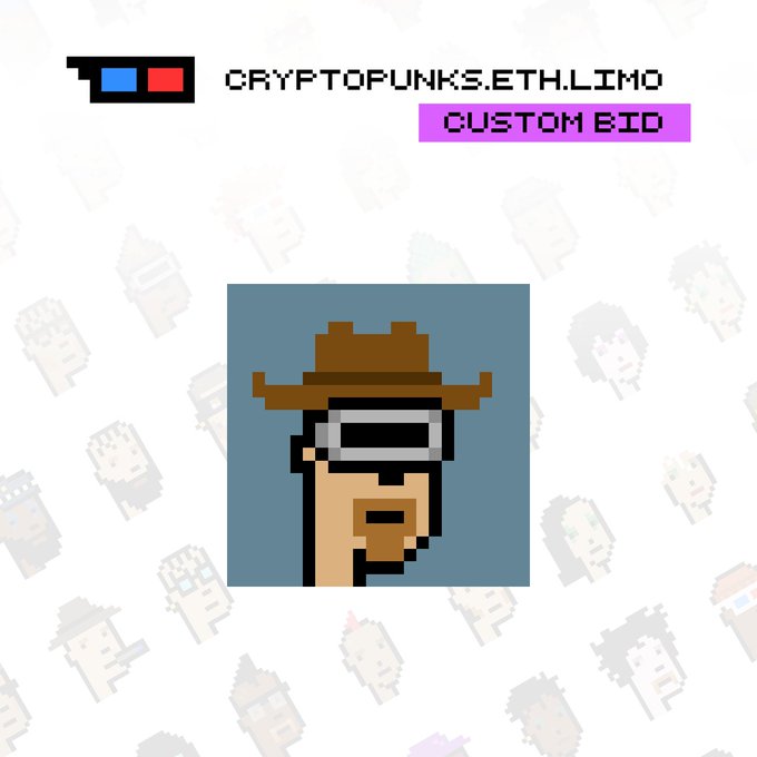 The image features a cartoon character wearing a cowboy hat, sunglasses, and glasses with a face mask. This character appears to be a punk rocker or a character from a video game. The background of the image is white, which contrasts with the colorful characters in the foreground. The text "Cryptpunks.ethLIMO Custom Bid" is displayed above the image, indicating that this is likely an advertisement for custom artwork or merchandise related to the punk rock scene.