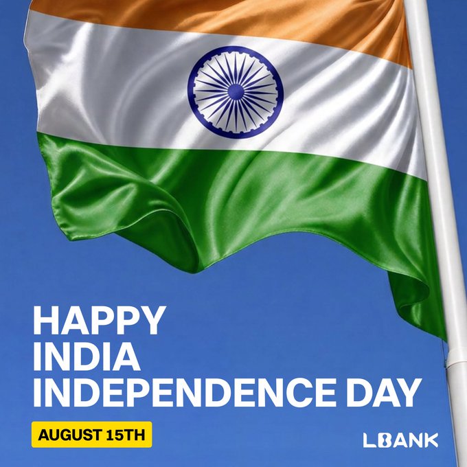 Happy India Independence Day promotional graphic for August 15th from LBANK, featuring the Indian flag waving against a blue sky.