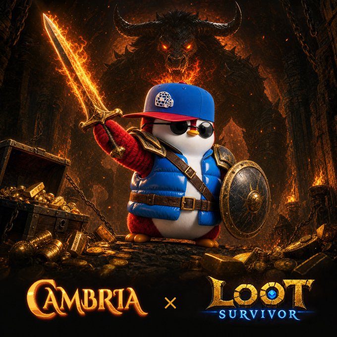 A promotional collaboration image featuring a penguin warrior character wearing a blue cap and holding a flaming sword and shield, with the logos 'CAMBRIA x LOOT SURVIVOR' displayed at the bottom.
