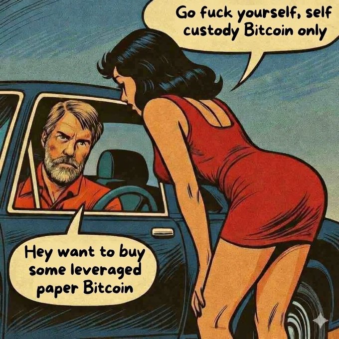 The image features a woman dressed in a red dress standing next to a car, with a man sitting inside the car. The woman appears to be trying to sell the man something, possibly related to Bitcoin or paper currency. There are two speech bubbles present in the scene, one above and one below the woman's head. These speech bubbles contain text that reads "Go Fucking Yourself, self Custody Bitcoin only" and "How want to buy some leveraged paper bitc."