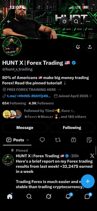 A Twitter/X profile screenshot for "HUNT X | Forex Trading" (@hunt_x_trading) with bio text "80% of Americans make big money trading Forex!" and a pinned post about earning "+$32,247" in a week.