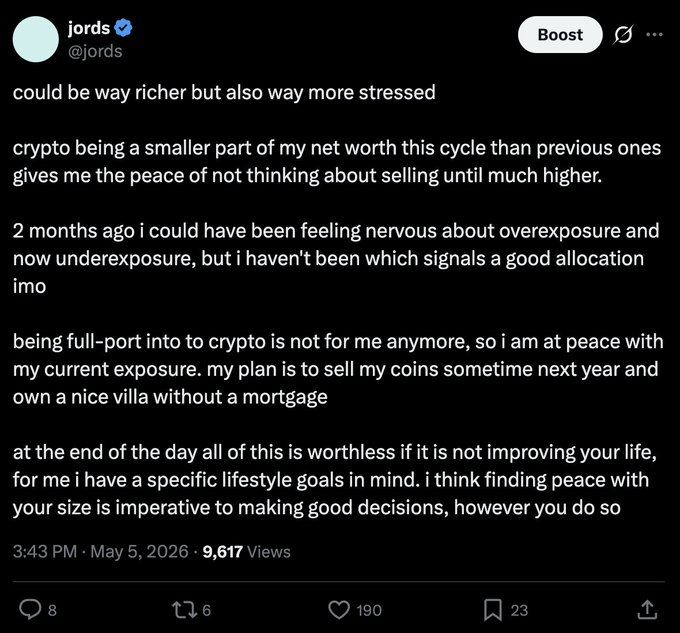 A tweet from @jords dated May 5, 2026, with 9,617 views, discussing finding peace with his smaller crypto allocation, planning to sell next year to buy a mortgage-free villa, and emphasizing lifestyle goals over maximizing wealth. The post contrasts this measured approach with the accompanying message about reaching net worth all-time highs while never being happier at a 30% allocation.