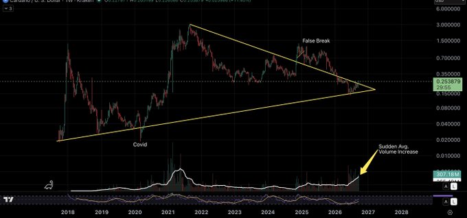 A long-term cryptocurrency price chart from 2018-2028 showing a symmetrical triangle pattern with annotations for 'Covid' low, 'False Break' near the apex, and 'Sudden Avg. Volume Increase' indicating a potential breakout.