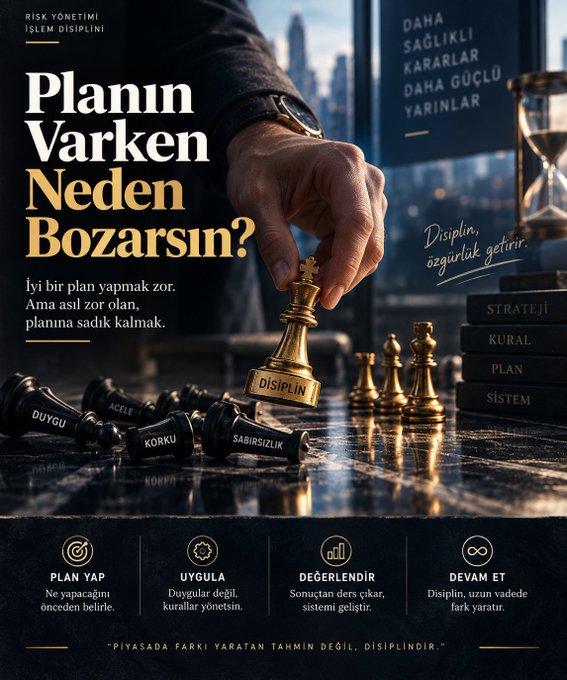 A motivational Turkish poster titled "Planın Varken Neden Bozarsın?" (Why Break Your Plan When You Have One?) shows a hand placing a chess king marked "DİSİPLİN" (Discipline) atop fallen pieces labeled "DUYGU" (Emotion), "ACELE" (Haste), "KORKU" (Fear), and "SABİRSİZLİK" (Impatience), with the caption "İyi bir plan yapmak zor. Ama asıl zor olan, planına sadık kalmak" (Making a good plan is hard. But the real difficulty is staying loyal to your plan)—visually reinforcing the post's message about how traders prematurely lock in profits at +5%, +10%, or +15% out of fear and impatience rather than trusting their disciplined plan.