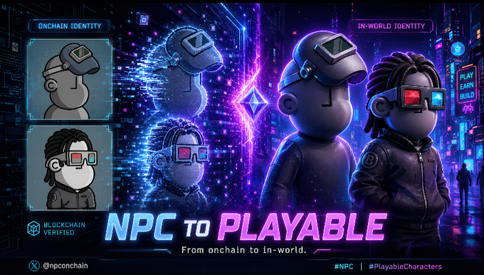 A neon-lit digital banner promotes "NPC TO PLAYABLE: From onchain to in-world," showcasing the transformation of blockchain-verified collectible characters into fully playable in-game avatars equipped with VR goggles and headsets. On the left, "ONCHAIN IDENTITY" displays two stylized character icons, while the right features "IN-WORLD IDENTITY" with 3D-rendered playable characters in a cyberpunk cityscape, visually bridging the gap between static NFT collectibles and interactive gaming experiences as described in the post.