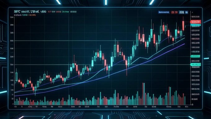 A candlestick chart of SBTC Va/USDT showing price action with moving averages over time, displayed on a futuristic interface.
