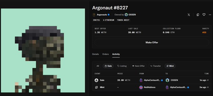 An OpenSea NFT listing for Argonaut #8227 from the Argonauts collection, showing a pixel art figure on a teal background, with a best offer of 1.35 WETH and last sale of 20.00 WETH.