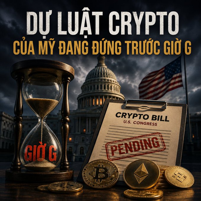 Vietnamese graphic titled 'DỰ LUẬT CRYPTO CỦA MỸ ĐANG ĐỨNG TRƯỚC GIỜ G' (US Crypto Bill Standing Before Hour G), depicting an hourglass, U.S. Capitol, American flag, a 'PENDING' crypto bill, and Bitcoin, Ethereum, and Binance coins.