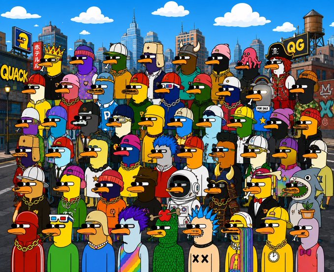 A colorful cartoon illustration featuring a large crowd of NFT-style penguin/duck characters wearing various accessories, hats, and outfits, gathered in an urban setting with "QUACK" and "GG" signs visible.
