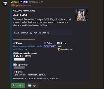 A screenshot of a Discord bot message from 'Velcor3' showing a VELCOR3 ALPHA CALL alert for an 'Alpha Call' project with details about supply, voting panel, and community sentiment.