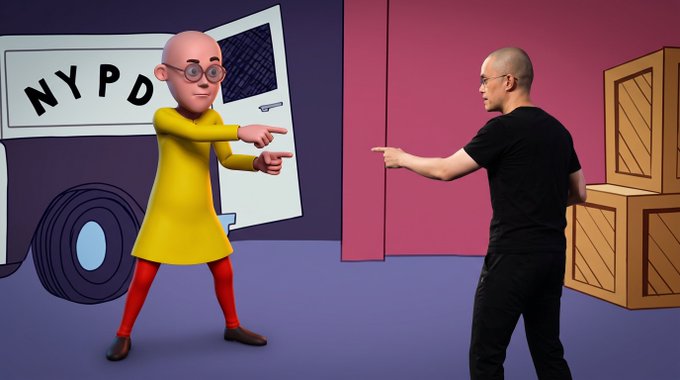 A meme combining a cartoon image of an elderly bald woman in a yellow dress pointing, alongside a real photo of a bald man pointing back at her, set against an NYPD backdrop.