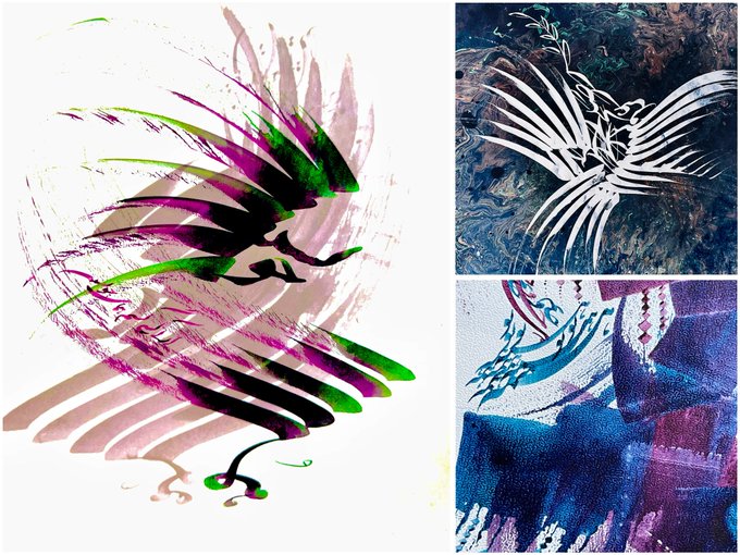An abstract digital artwork collage featuring stylized wing-like forms in vibrant greens and pinks, contrasted with white line-art wings and textured blue-purple brushstrokes.