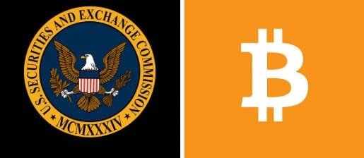 An image showing the seal of the U.S. Securities and Exchange Commission on the left next to an orange Bitcoin logo on the right.