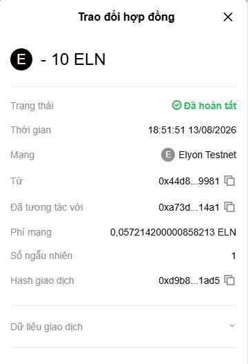 A Vietnamese transaction confirmation screen titled "Trao đổi hợp đồng" showing a completed transaction of "10 ELN" on the Elyon Testnet network, with a network fee of 0.057214200000858213 ELN, timestamped 18:51:51 on 13/08/2026.
