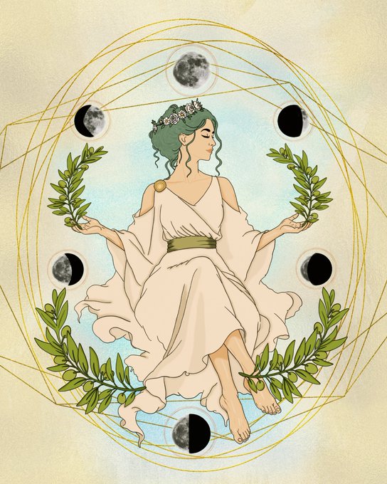 An illustration of a woman with a flower wreath holding olive branches, surrounded by phases of the moon and geometric line patterns on a cream background.