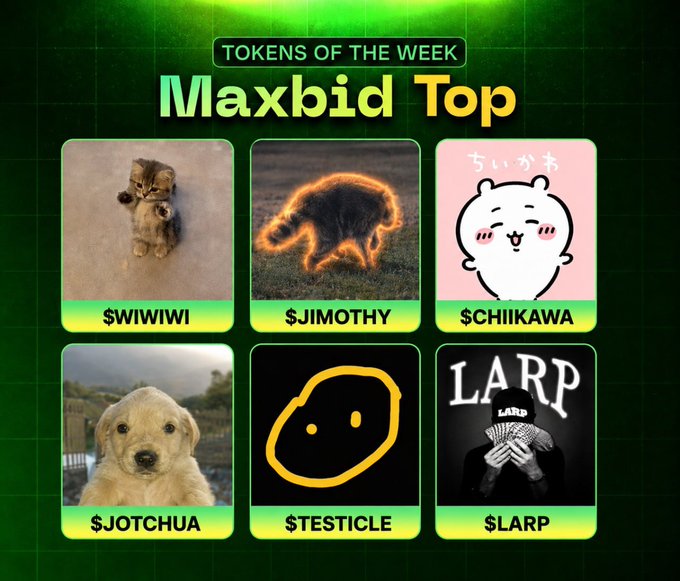 A green-themed "Tokens of the Week" graphic titled "Maxbid Top" features six meme tokens in a grid: $WIWIWI (kitten), $JIMOTHY (fire raccoon), $CHIIKAWA (anime bear), $JOTCHUA (golden retriever), $TESTICLE (yellow blob), and $LARP (hooded figure), expanding on the post's selection by adding the latter two tickers.