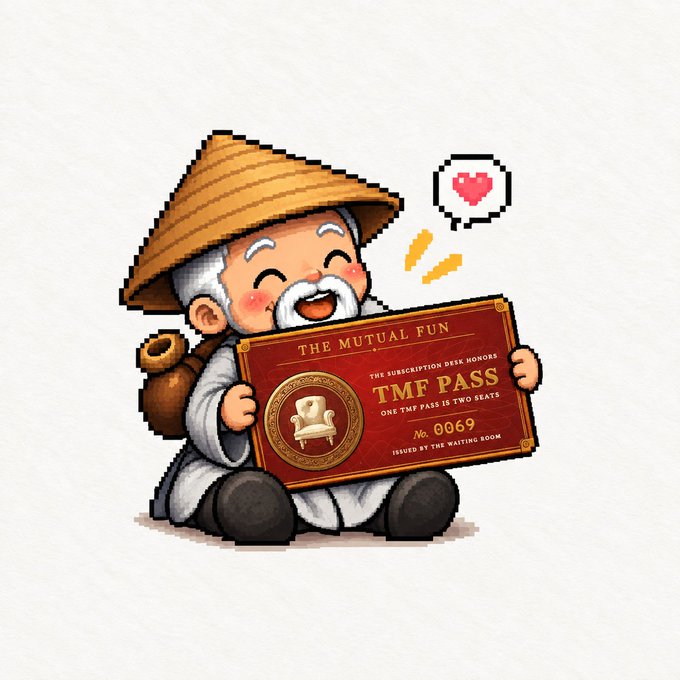 A pixel art illustration of an elderly Asian man with a white beard and straw hat happily holding a large red 'TMF PASS' ticket for 'The Mutual Fun'.