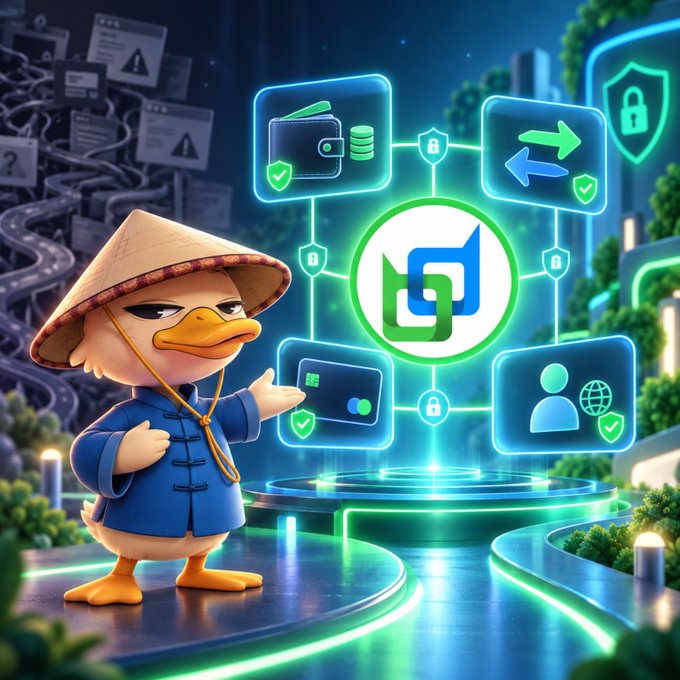 A 3D-rendered cartoon duck wearing a conical hat and blue tunic stands in a futuristic neon-lit environment featuring floating panels with icons for wallets, payments, security, and user profiles.