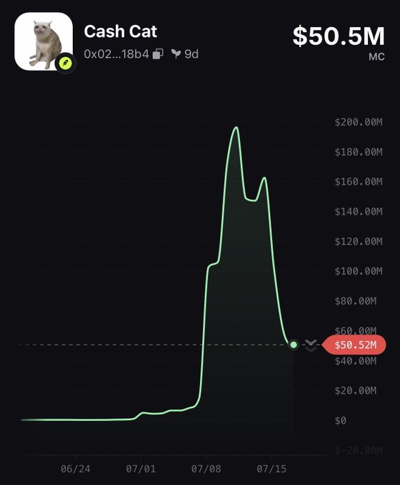 A chart of the memecoin "Cash Cat" shows a dramatic spike to nearly $200M market cap around 07/10 before crashing back down to $50.5M, illustrating the volatile nature of Solana-based memecoins that the poster references when explaining their decision to take early profits on a 60x gain.