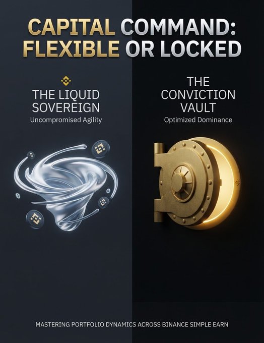 A split-screen graphic contrasts “CAPITAL COMMAND: FLEXIBLE OR LOCKED,” showing “THE LIQUID SOVEREIGN — Uncompromised Agility” as swirling assets versus “THE CONVICTION VAULT — Optimized Dominance” as a secure bank vault. It visualizes the Binance Simple Earn portfolio choice between keeping capital liquid or locked for potentially stronger returns.