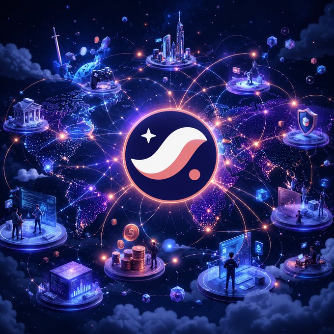 A digital illustration featuring a central logo surrounded by a network of interconnected nodes representing global commerce, finance, technology, and culture.