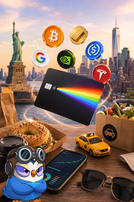 A collage image featuring a New York City skyline with the Statue of Liberty, various crypto coin logos (Bitcoin, Google, Nvidia, Tesla, etc.), a rainbow credit card, a bagel sandwich, a NYC taxi, and a cartoon owl.