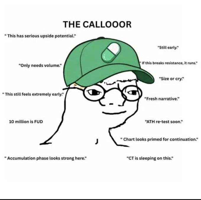 'THE CALLOOR' cryptocurrency meme featuring a Pepe-style character wearing a green cap, surrounded by typical crypto bull arguments like 'This has serious upside potential,' 'Still early,' 'Only needs volume,' 'Fresh narrative,' and 'ATH re-test soon.'