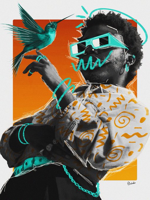 A vibrant digital artwork titled "Tuned In" features a person in stylish sunglasses with a hummingbird perched on their hand, rendered in striking teal and orange tones with graffiti-like scribbles. The piece is being sold as a 1/1 NFT on objkt.com for 1500 $XTZ, accompanied by a physical print.