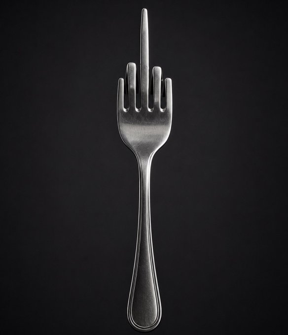 A vertical image of a metallic silver fork with a decorative handle design set against a dark gray background.