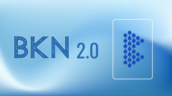 The image features a blue banner that says "BNK 2.0" written in white letters. The background of the image is a gradient of blue with white dots scattered throughout. Below the banner, there's an image of a card with a diamond shape on it and the word "BKN" written below it.