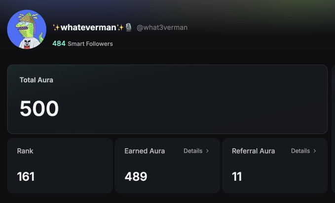 A profile dashboard for user 'whateverman' (@what3verman) showing 484 Smart Followers, Total Aura of 500, Rank 161, Earned Aura 489, and Referral Aura 11.