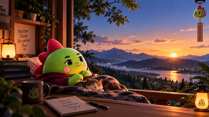A cute green Sleepagotchi character wearing a sleeping cap rests beside a cat on a cozy windowsill overlooking a sunset mountain view, with a lantern reading "Better Sleep Brighter You" and books titled "HEALTHIER HABITS," "HAPPIER DAYS," and "BRIGHTER TOMORROW." The image visually reinforces the post's message by showing the Sleepagotchi as a comforting, character-driven companion rather than another data-heavy sleep tracking app.