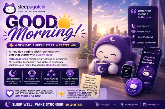 A promotional advertisement for 'sleepagotchi' featuring a purple hooded mascot holding a mug, with text including 'GOOD Morning!', 'A NEW DAY. A FRESH START. A BETTER YOU.', and information about their AI and Web3 sleep ecosystem.