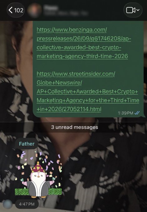 A mobile chat screen shows a contact sharing two press release links about AP Collective being awarded Best Crypto Marketing Agency for the third time in 2026, with an animated penguin sticker message below.