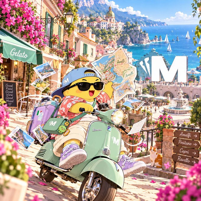 A colorful digital illustration of a cartoon duck character wearing a blue cap and sunglasses, riding a green Vespa scooter with luggage in a picturesque Italian coastal town setting.