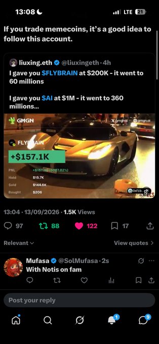 A screenshot of an X/Twitter post by @liuxingeth promoting memecoin trading, showing gains from $FLYBRAIN ($200K to 60M) and $AI ($1M to 360M), with a Lamborghini image showing a $157.1K PNL.